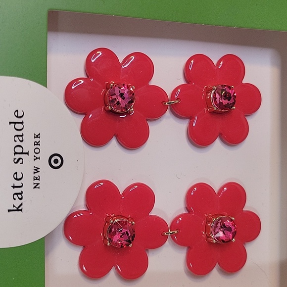 Kate Spade Red/Pink Floral Drop Earrings with Crystal Center NIB - Picture 2 of 4